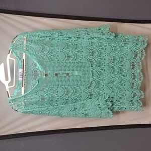 Aqua Crochet Top - 3/4 Length Sleeve
